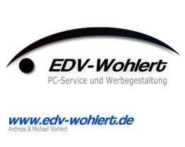 Logo von EDV-Wohlert mit Websiteadresse und Schriftzug: "PC-Service und Werbegestaltung".