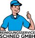 Mann in blauer Uniform zeigt Daumen hoch; Text: Reinigungsservice Schned GmbH.