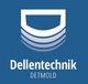 Logo von Dellentechnik Detmold auf blauem Hintergrund mit abstrakter Form oben.