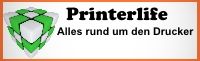 Logo mit grünem Würfel und Text "Printerlife - Alles rund um den Drucker".