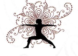 Silhouette einer Person in Yoga-Pose, umgeben von dekorativen, floralen Mustern.