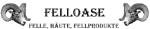 Logo mit Widderköpfen und Text "Felloase, Felle, Häute, Fellprodukte" in Schwarz-Weiß.