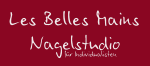 Bordeauxfarbener Hintergrund mit weißem Text: "Les Belles Mains Nagelstudio für Individualisten".