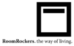 Logo von RoomRockers mit schwarzem Quadrat, Text: "RoomRockers. the way of living."