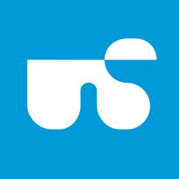 Abstraktes weißes Logo auf blauem Hintergrund, mit geschwungenen Formen.