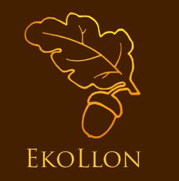 Braunes Logo mit gezeichneter Eichel und dem Schriftzug "EkoLLon" in goldener Farbe.