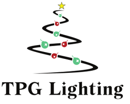 Stylized Christmas tree with ornaments above "TPG Lighting" text.