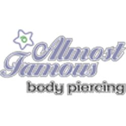 Logo of "Almost Famous Body Piercing" with star graphic.