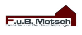 Logo von "F.u.B. Motsch" mit rotem Hausdach, Text: "Fassaden und Baudienstleistungen".