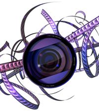 Kameralinse mit dekorativen Filmrollen und Spiralen in Violett- und Blautönen.