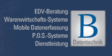 Blauer Hintergrund mit Text zu EDV-Beratung, Warenwirtschaft, Datenerfassung und P.O.S.-Systemen.