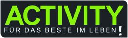 "ACTIVITY - Logo mit grünem Text auf schwarzem Hintergrund, darunter: Für das Beste im Leben!"