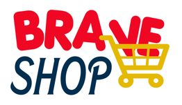 Logo de Brave Shop con letras rojas y azules, y un carrito de compras amarillo.