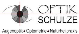 Logo von Optik Schulze mit Auge, Text für Augenoptik, Optometrie und Naturheilpraxis.