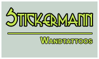 Textlogo "STICKERMANN Wandtattoos" in grüner Schrift auf hellgrünem Hintergrund.