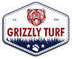 Grizzly Turf logo with bear illustration, grass, paw print, CA and USA text.