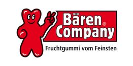 Rot-bäriges Maskottchen der Bären Company mit dem Slogan "Fruchtgummi vom Feinsten" daneben.