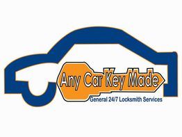 Logo of a car outline with a key, reading "Any Car Key Made, General 24/7 Locksmith Services."