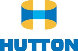 Logo showing a stylized "H" in blue and yellow above the word "Hutton."