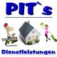 Comic von Handwerker, Haus und Frau mit Staubsauger, Text: "PIT's Dienstleistungen".