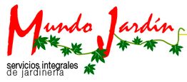 Logotipo de "Mundo Jardín" con texto rojo y una enredadera verde.