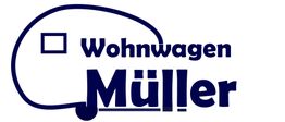Logo: Blauer Wohnwagen-Umriss mit Text "Wohnwagen Müller".