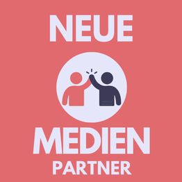 Neue Medien Partner: Zwei Figuren geben sich in einem Kreis ein High-Five auf rotem Hintergrund.