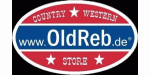 Ovales Logo in Rot und Blau, Text: „www.OldReb.de, Country Western Store“.