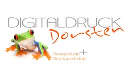 Frosch neben Schriftzug "DIGITALDRUCK Dorsten" in modernem Stil auf weißem Hintergrund.