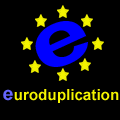 Blaues "e" umringt von gelben Sternen auf schwarzem Hintergrund, darunter "euroduplication".