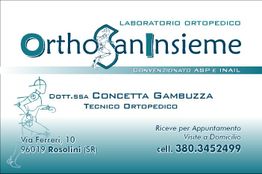 Biglietto da visita di OrthoSanInsieme, contatti e indirizzo per appuntamenti ortopedici.