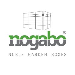 Logo von Nogabo mit Text "Noble Garden Boxes" und Skizze eines Gartenhauses.