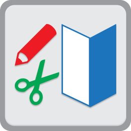 Icono con lápiz rojo, tijeras verdes y papel doblado azul, representando manualidades.