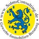 Blaues Löwenwappen auf gelbem Kreis, umgeben von "www.SolmsConsulting.de", "Gewerbe-Immobilien-Beratung".