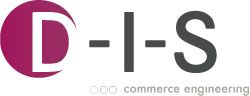 Logo mit Text: "D-I-S commerce engineering", Buchstabe D in einem kastanienbraunen Kreis.