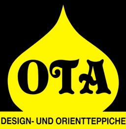 Gelbes Logo von OTA mit stilisiertem Tropfen, Text: "Design- und Orientteppiche".