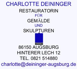 Visitenkarte von Charlotte Deininger, Restauratorin für Gemälde und Skulpturen in Augsburg.