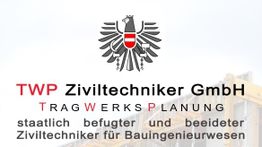 Logo von TWP Ziviltechniker GmbH mit Österreich-Wappen, Text über Tragwerksplanung.