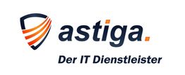 Logo mit Text "astiga. Der IT Dienstleister" und einem stilisierten Schild mit orangefarbenen Streifen.