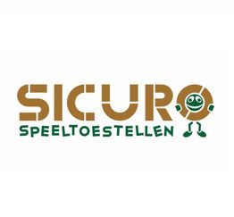 Logo van "Sicuro Speeltoestellen" met een ronde, lachende groene mascotte rechts van de tekst.