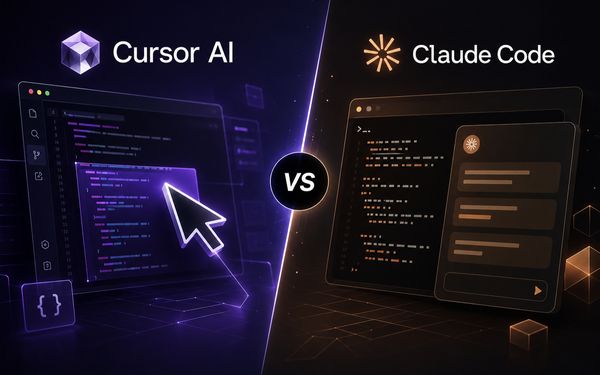 Vergleich von Cursor AI und Claude Code als moderne KI Coding Tools für Entwickler mit Code Editor und Terminalansicht.