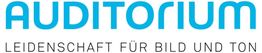 "Logo mit Text 'AUDITORIUM Leidenschaft für Bild und Ton' in Blau und Schwarz auf Weiß."