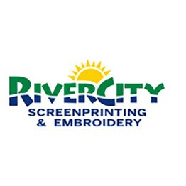 Logo of River City Screenprinting & Embroidery with a sun graphic above the text.