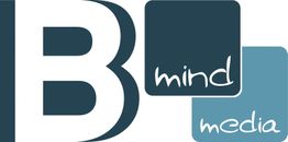 Logo mit großem "B" und dem Text "mind media" auf blauen Quadraten.