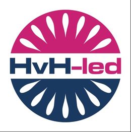 Logo mit dem Text "HvH-led" in einem pink-blauen Kreis, umgeben von stilisierten weißen Tropfen.