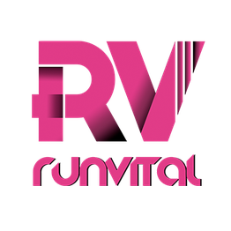 Logotipo rosa de Runvital con letras estilizadas y fondo transparente.