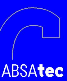 Blaues Logo mit stilisiertem Rohr und Text "ABSAttec" in Weiß am unteren Rand.