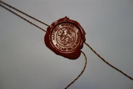 Rotes Wachssiegel mit Kordel und geprägtem Wappen, Text um das Wappen herum auf einer Urkunde.