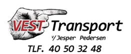 Illustration af en hånd peger mod teksten "VEST Transport, v/Jesper Pedersen, TLF. 40 50 32 48".