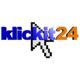 Logo mit Text „klickit24“ und großem weißen Mauszeiger dahinter.